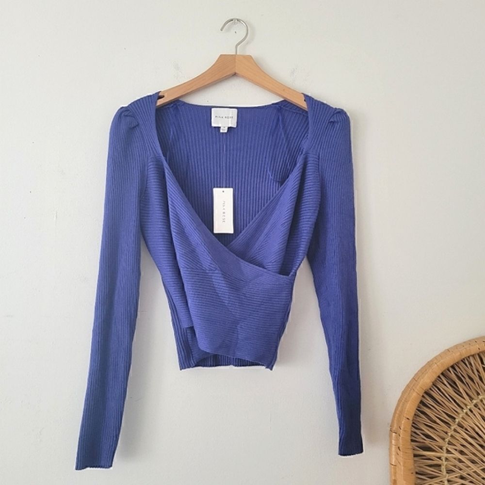 Pink Rose Galaxy Blue Wrap Front Ribbed Sweater S NWT